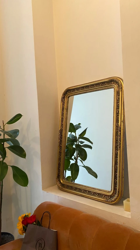 an ornate gold framed mirror on a wall in a room