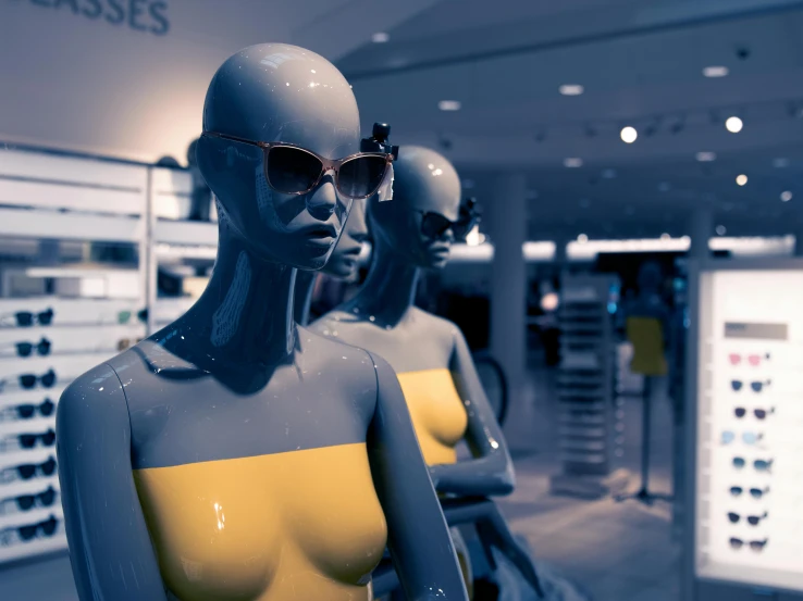 a display of mannequins with sunglasses and glasses