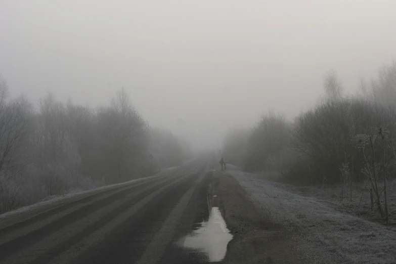 a foggy road near a small dle of water