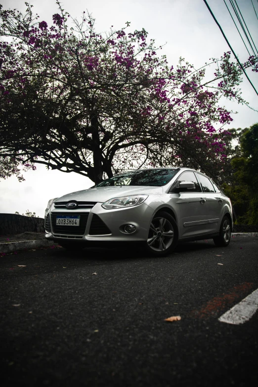 a car parked on the side of a road near some trees