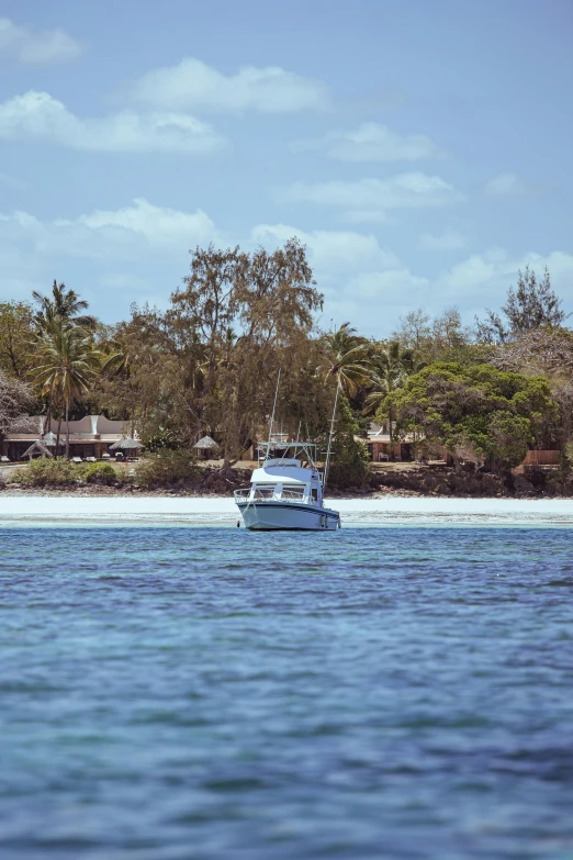 a boat out in the water with trees in the background