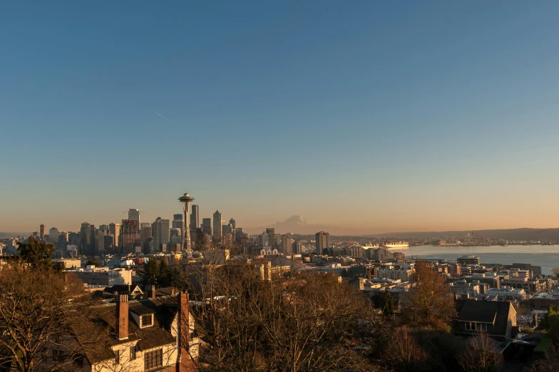 a view of the city skyline from above,