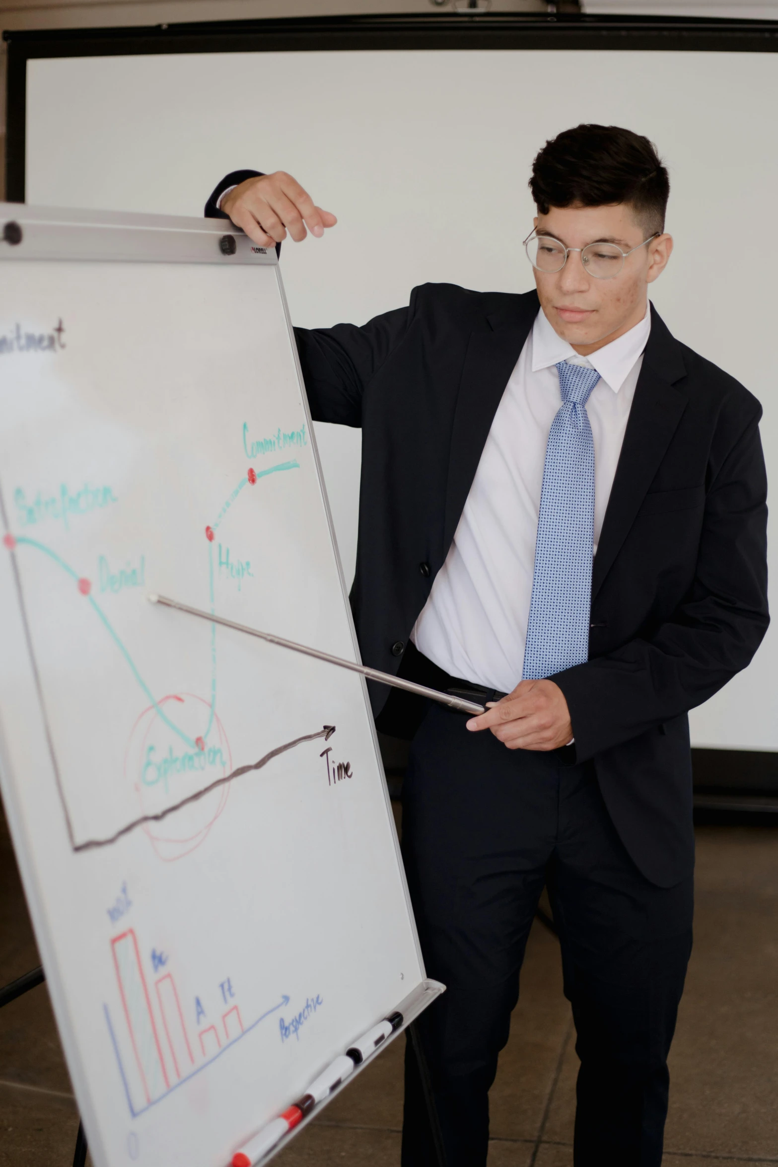 a man in a suit standing next to a whiteboard