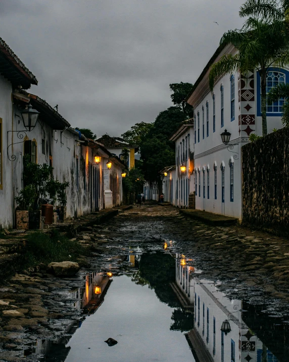 a street with several buildings and water in it