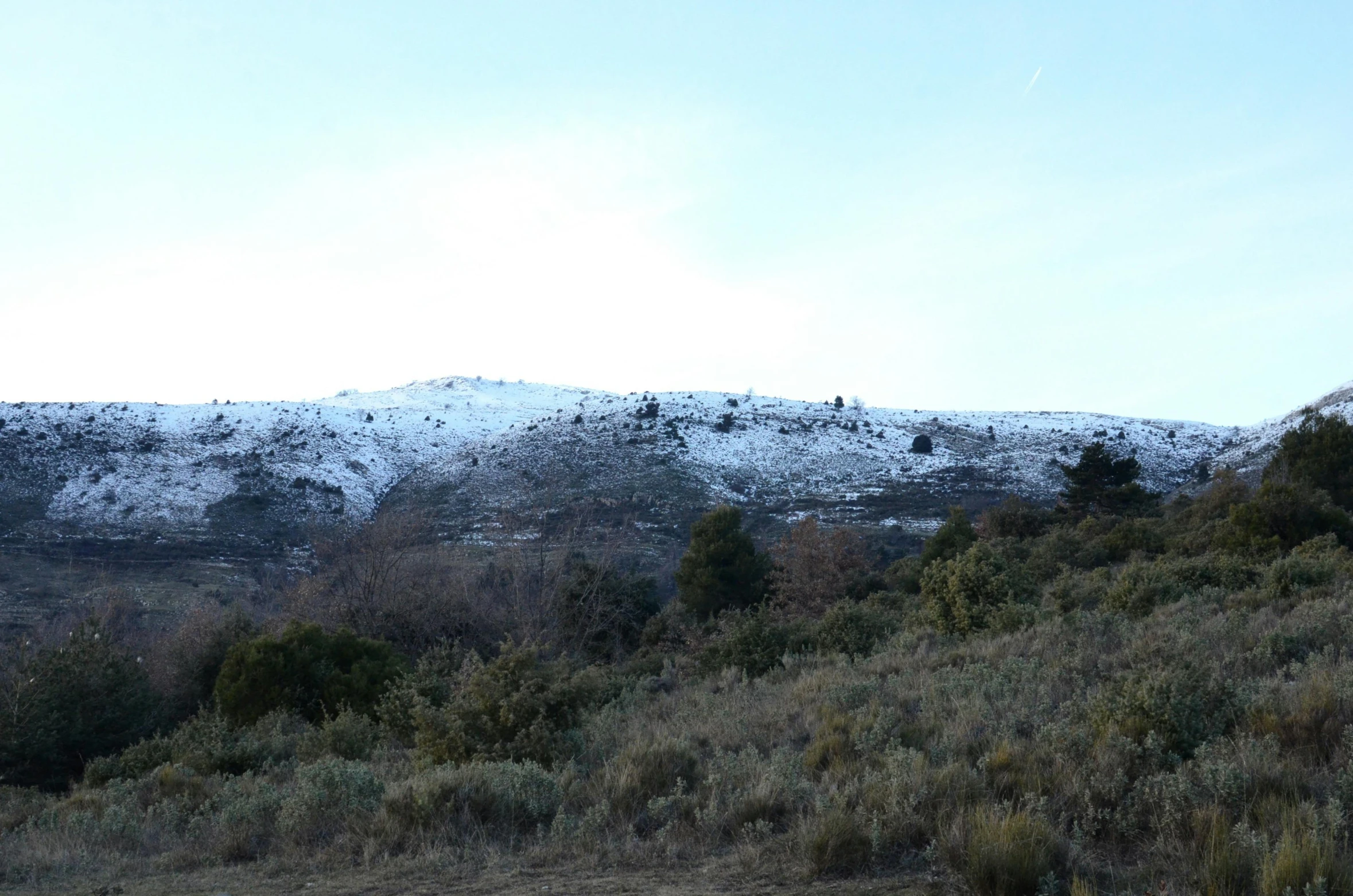 the mountain is covered with snow and it is next to some brown bushes