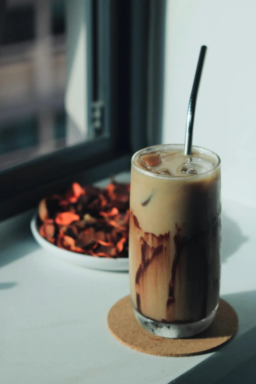 this is a glass of iced coffee with some sort of spoon in it