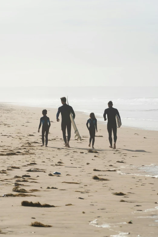 some people with surf boards walk along the beach