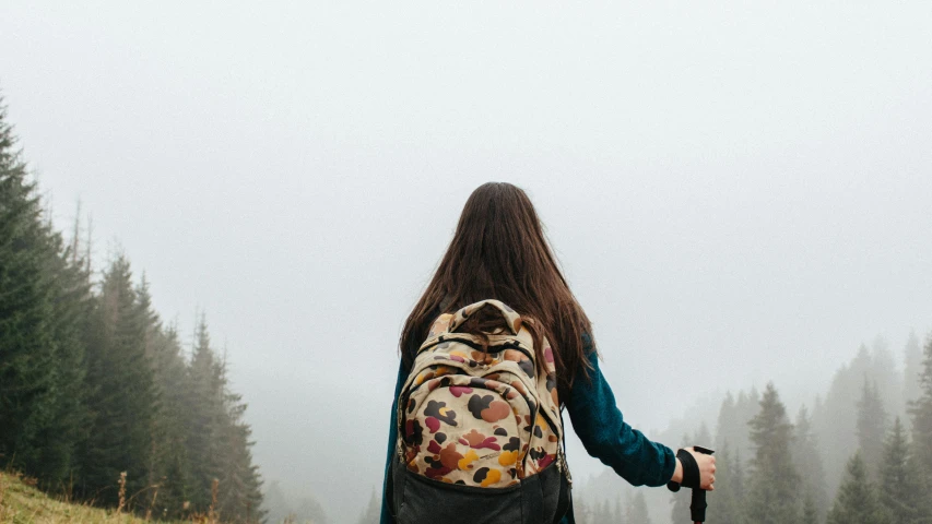 the back of a person holding onto a backpack as they travel