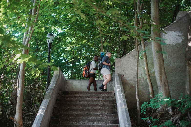 two people climbing up some stairs in the woods
