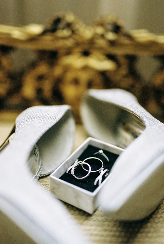 a wedding ring on top of a bag