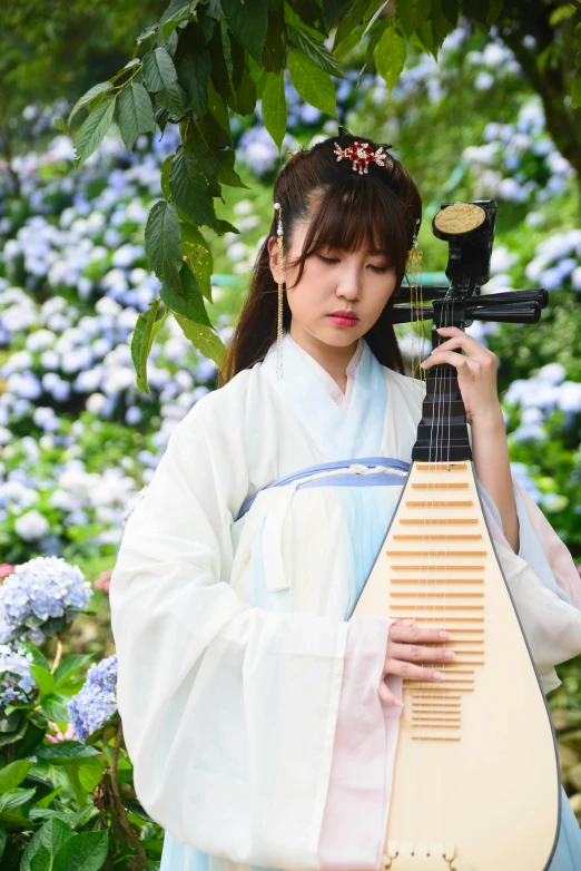 woman in oriental dress holding an instrument