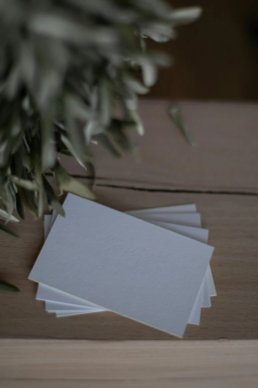 four white cards are placed on a wooden surface