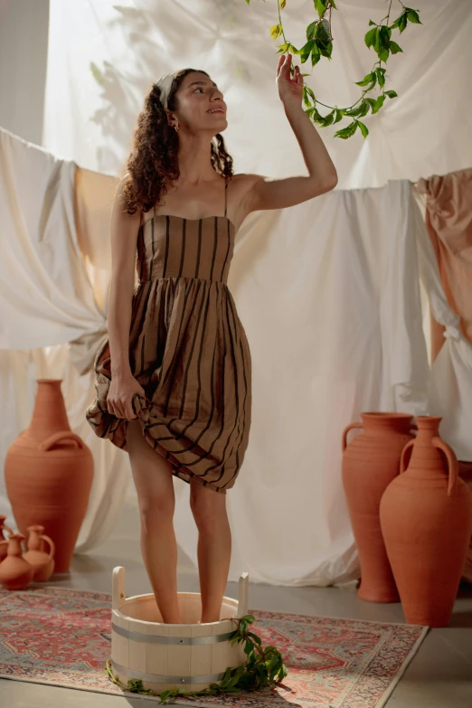 woman in a dress holding nch of tree above her head