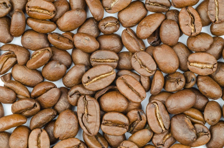 a close - up image of coffee beans with a bite taken out of it