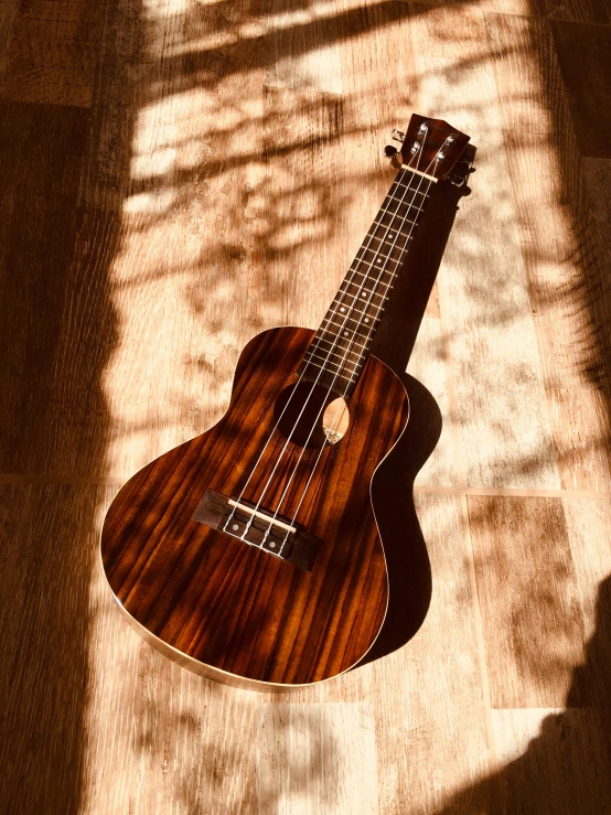 a guitar sits on top of a wooden floor