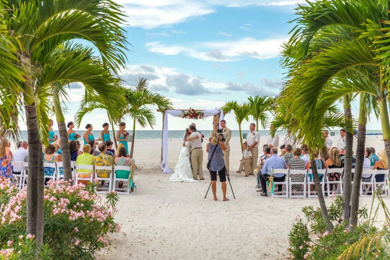 a wedding on the beach under palm trees