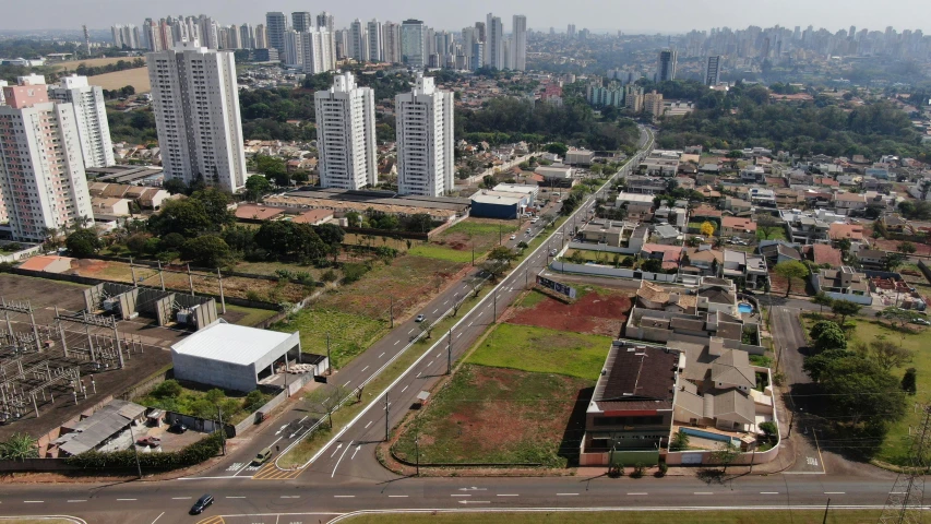 this is an aerial view of some buildings and a road