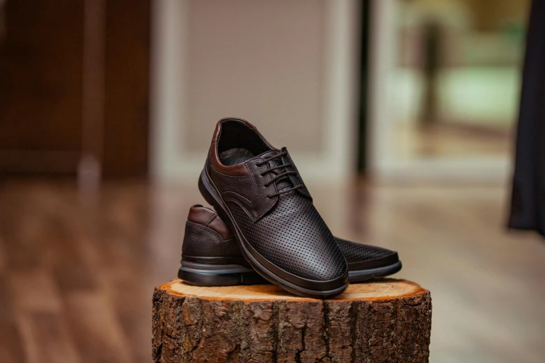 a pair of black men's shoes on top of a log