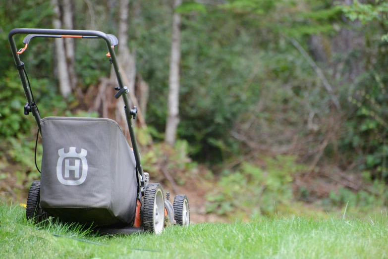 a mower is sitting in the grass near a tree