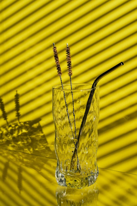 three thin reeds in a glass filled with water