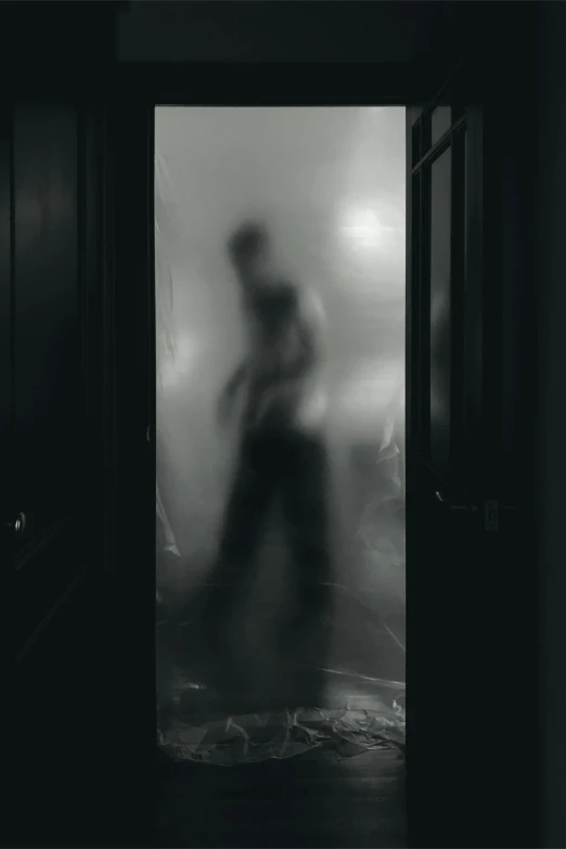 black and white pograph of person in hallway with open door