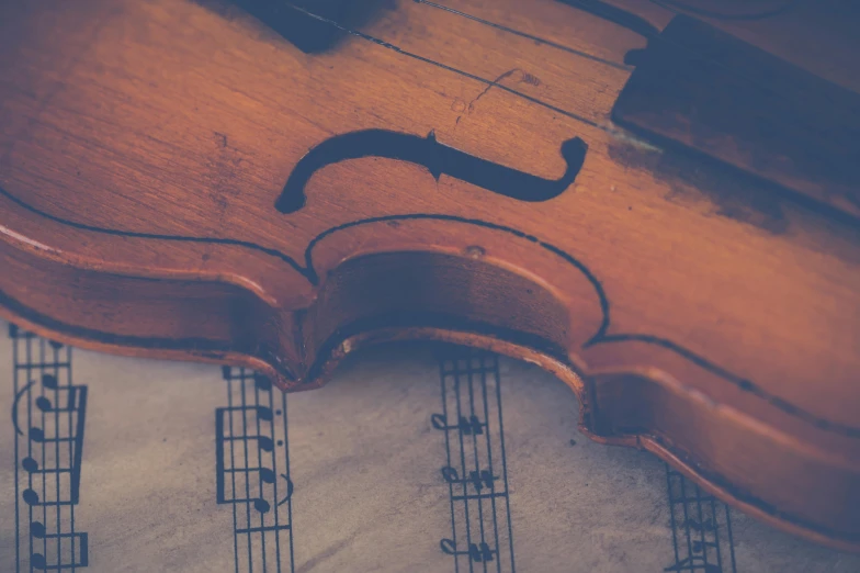 closeup of an old violin on sheet music