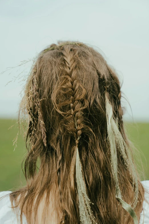 the back of a woman's head has an unkempt id and hair down