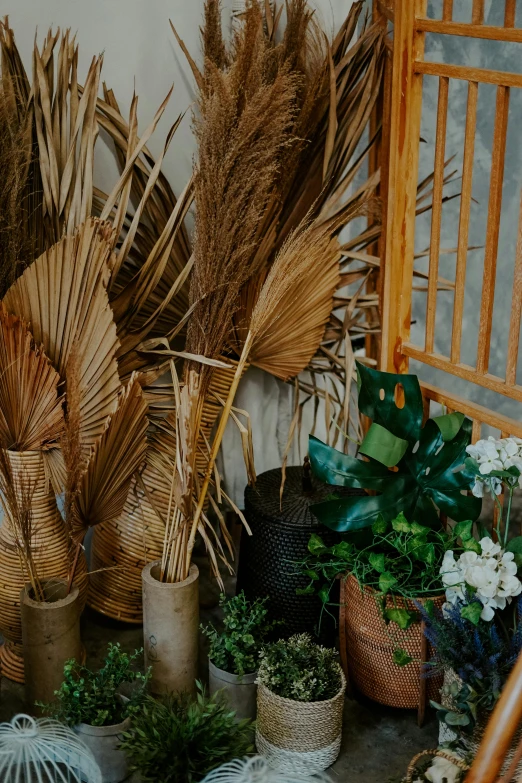 some baskets and plants on a wooden table