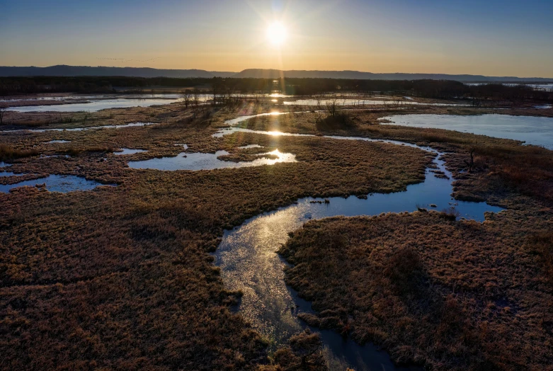 the sun is shining brightly on a river