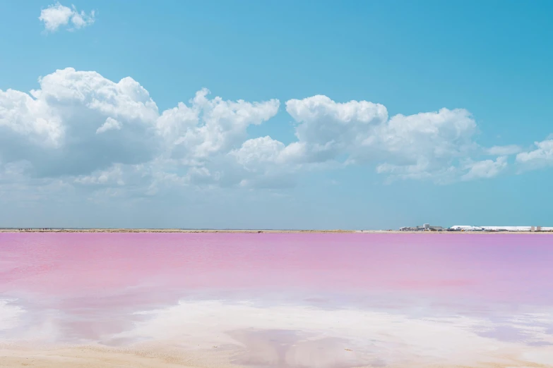 a pink lagoon with a sea of blue water below