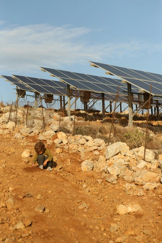 a little  that is kneeling down next to a group of solar panels