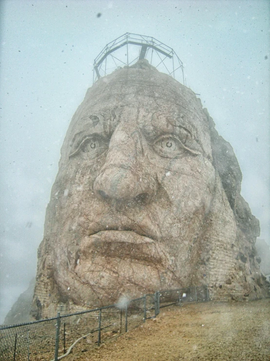 a statue is looking ahead on a hazy day