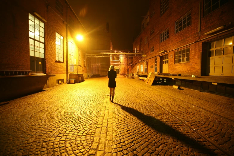 a woman standing alone on a bricked street at night