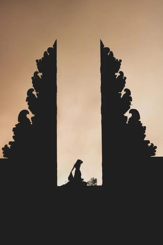 a silhouetted picture of someone sitting down near large trees