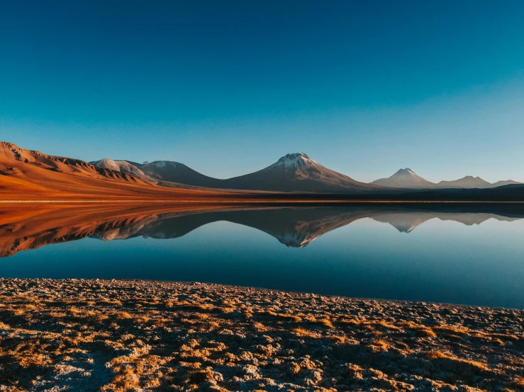 mountains reflecting in still water on the side of a lake