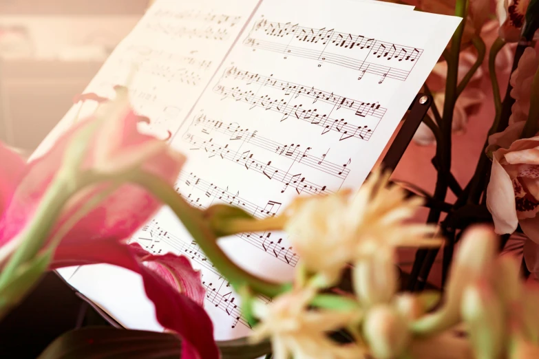 an open sheet of music on top of music sheets