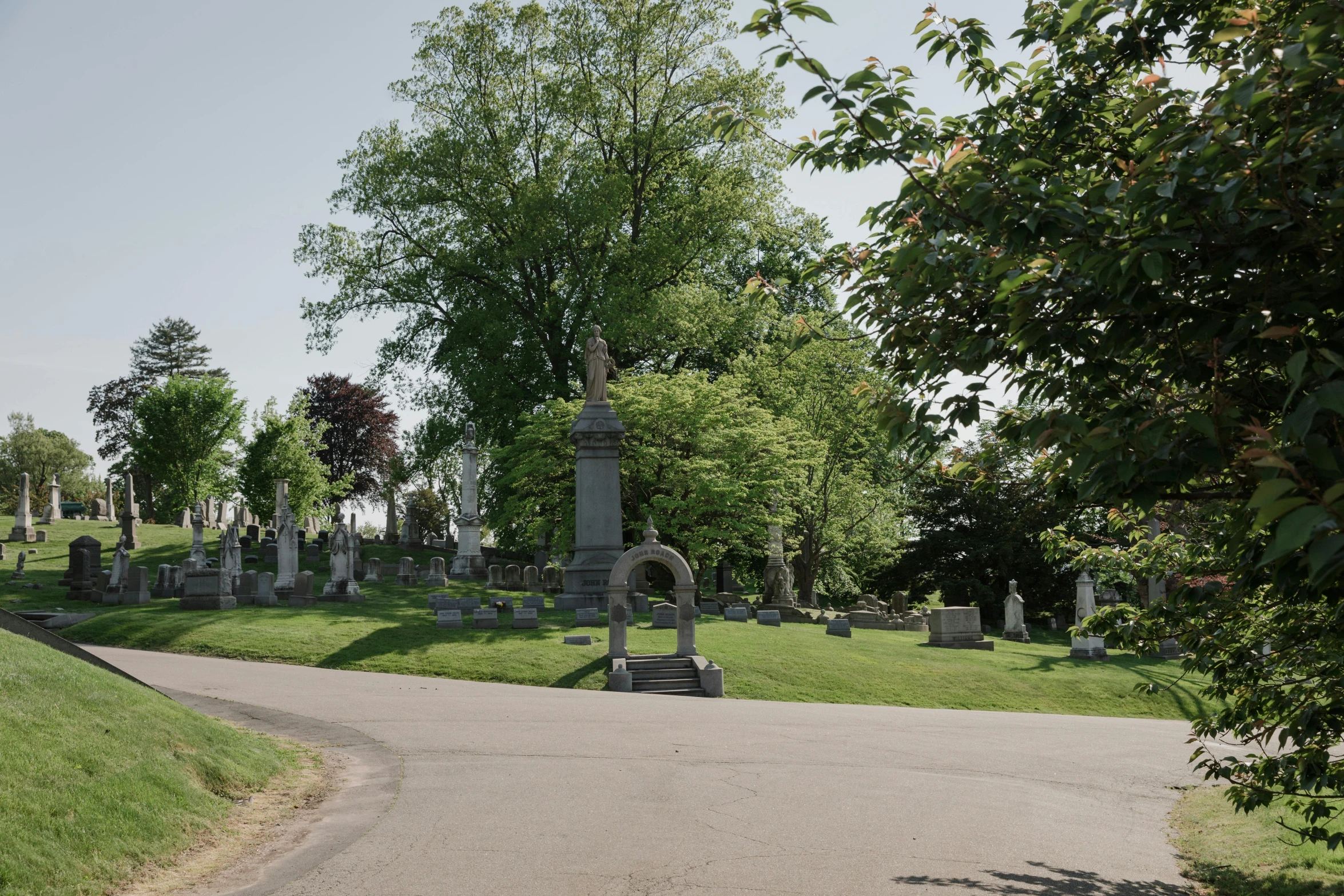 the paved street is between trees and headstones