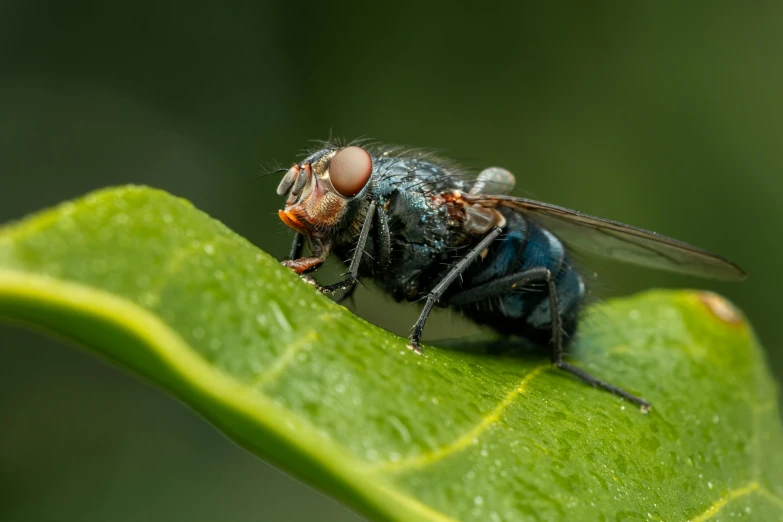 the fly is on top of a green leaf