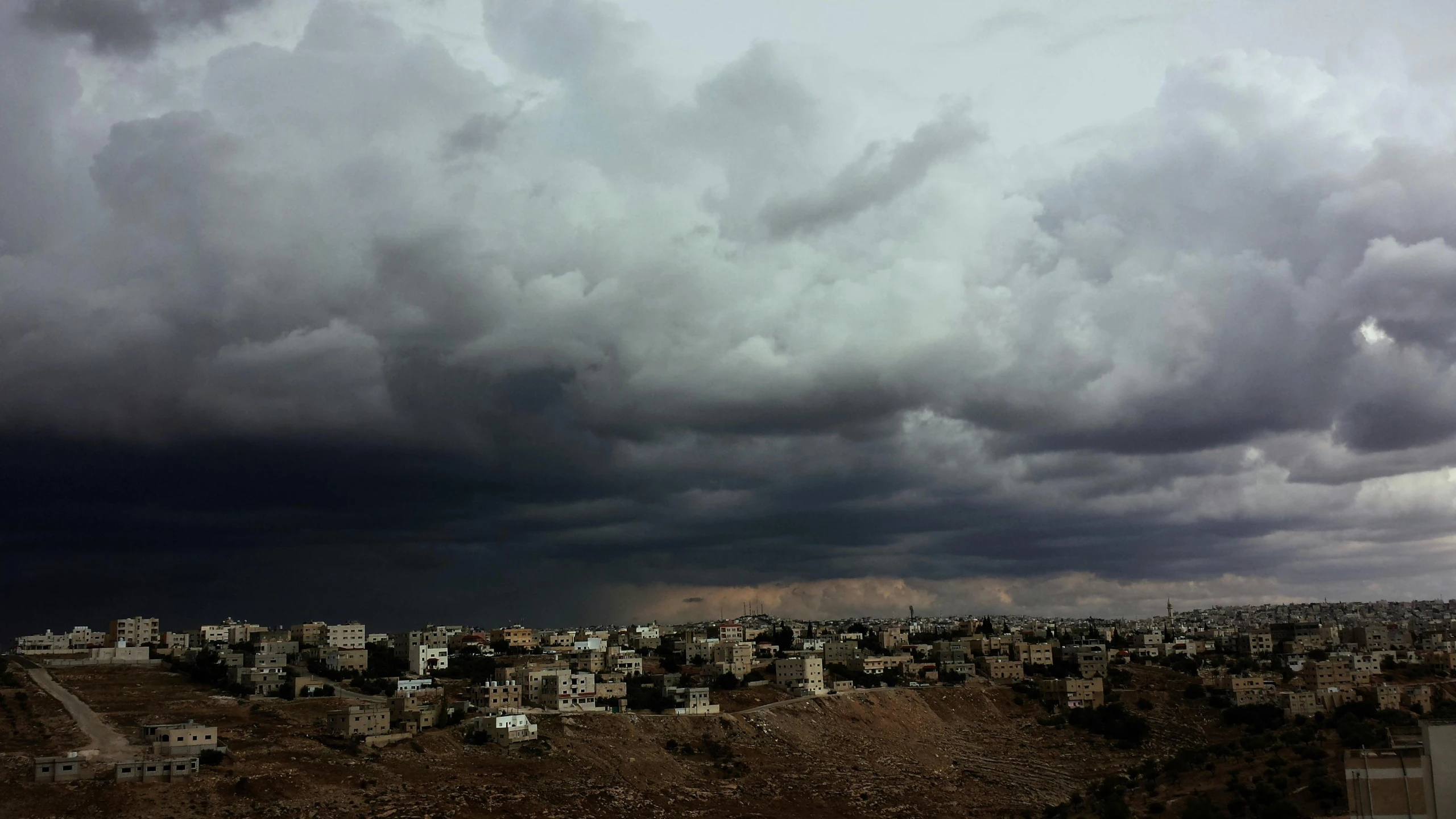 a landscape scene of a city under a grey cloudy sky