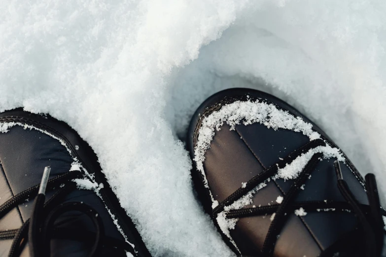 an up - close image of someone's shoes in the snow