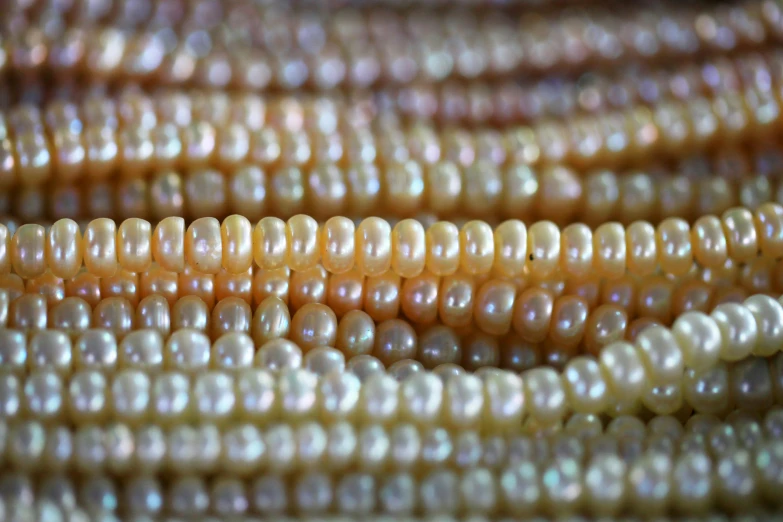 some yellow and white pearls are arranged together