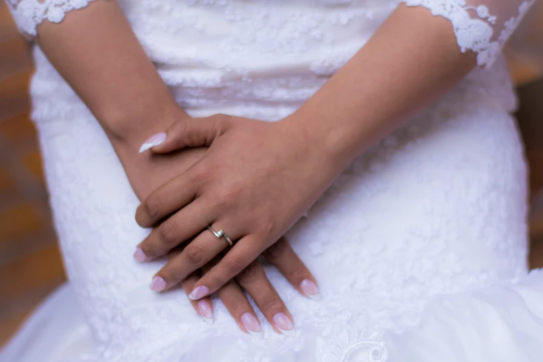 a close up of a person wearing a wedding dress