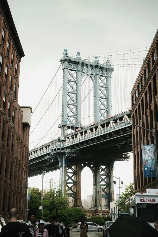 people walking across a bridge with tall buildings