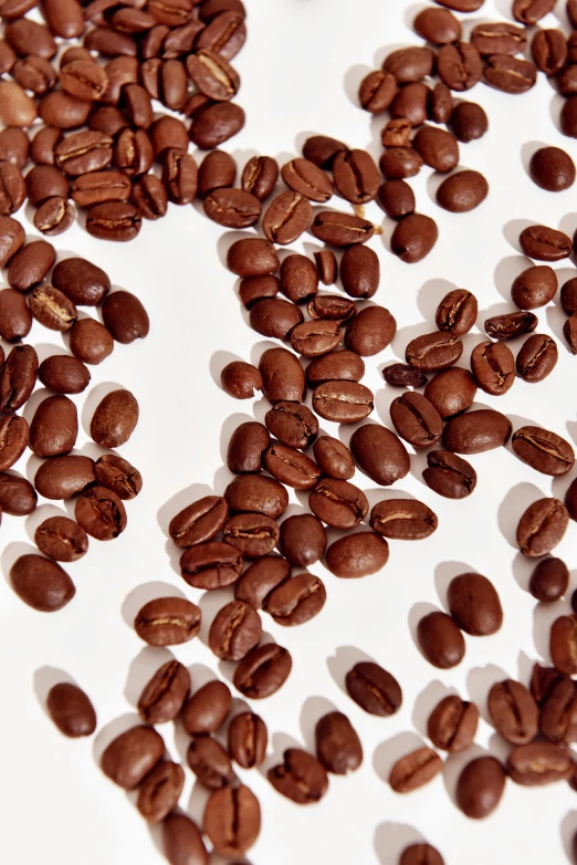 the whole bunch of coffee beans in half are scattered over the surface