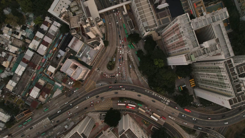 an aerial view shows a city intersection in this aerial po