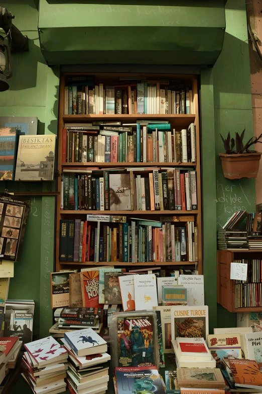 several books on shelves in a green room