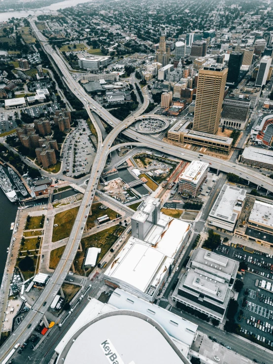 an aerial view of a city in the day