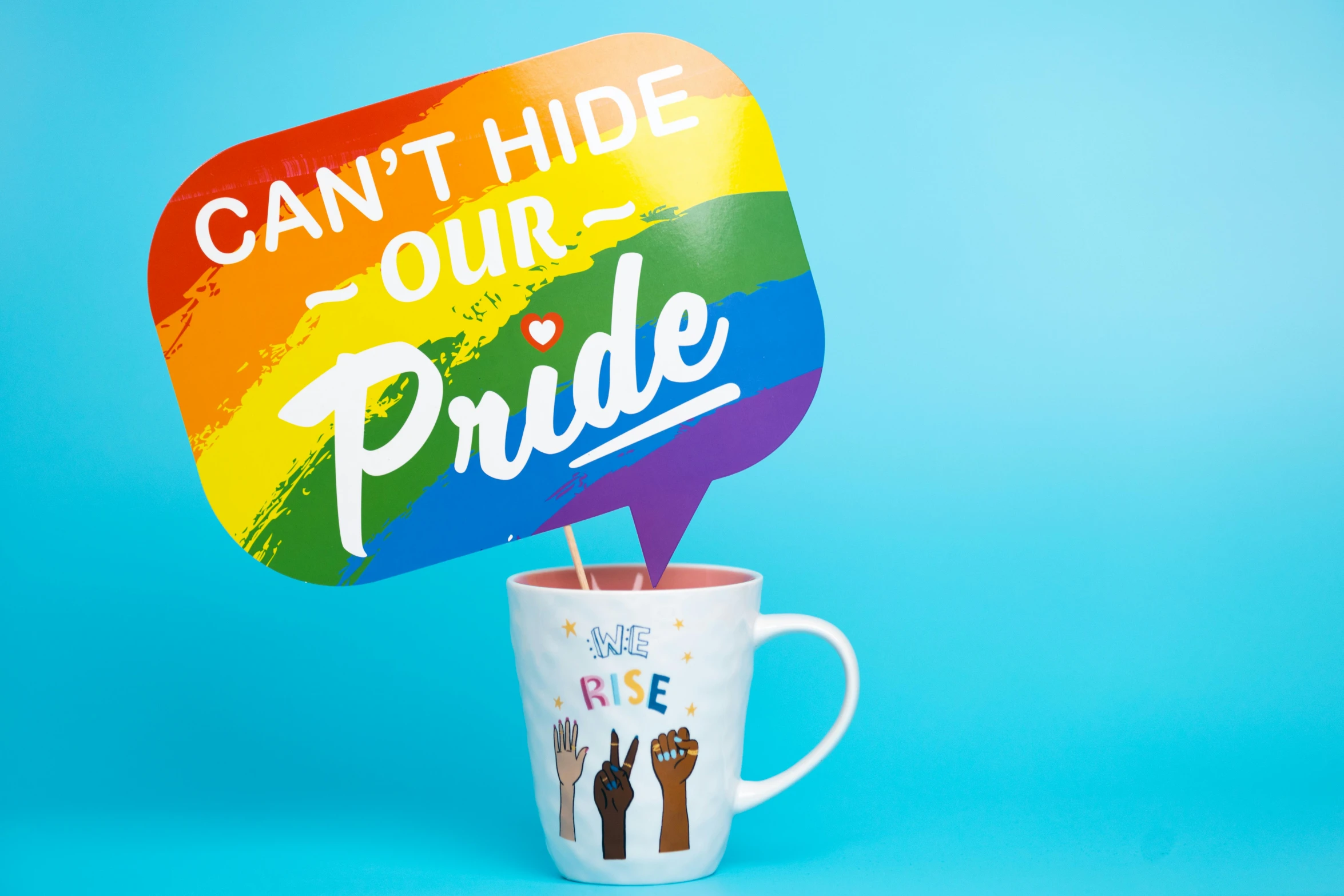 a mug with a colorful stick sticking out of it, reading can't hide our pride