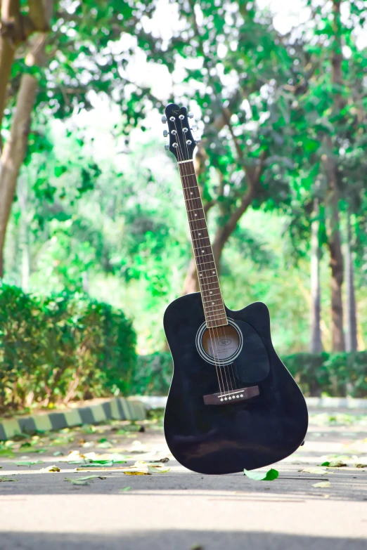 a black guitar lying on the pavement in front of trees