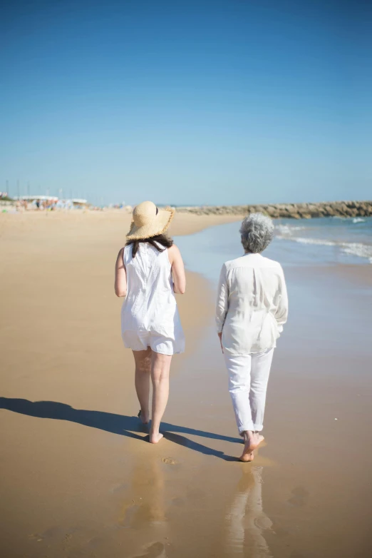 two people walking on the sand at the beach